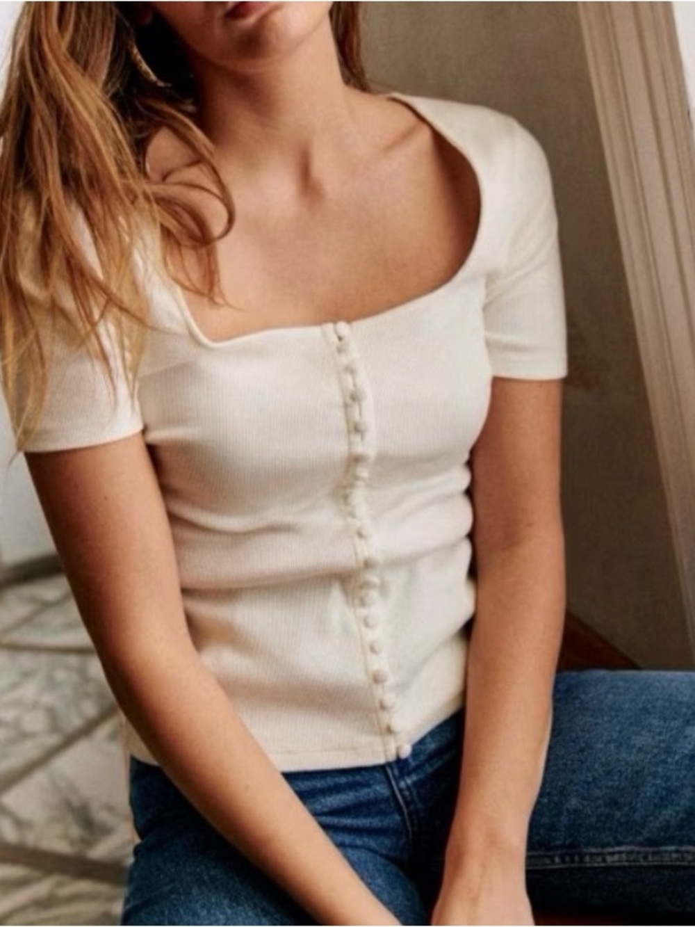 Sezane Cream Square-Neck Ribbed Button Tee